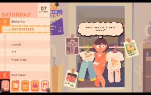 A girl standing in front of the mirror, wondering what to wear. On the left is a schedule for saturday with points like lunch and free time. 