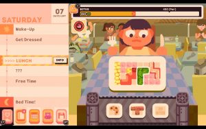 Lunch time is displayed in a grid mini game where food is formed like Tetris blocks that need to cover space without reaching a limit. 