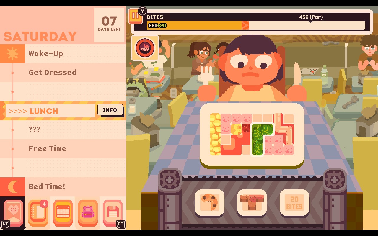 Lunch time is displayed in a grid mini game where food is formed like Tetris blocks that need to cover space without reaching a limit.