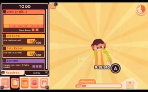 A girl is reading a book in a mini game that requires timed button presses. On the left is a To-Do-List wih exams and diet.