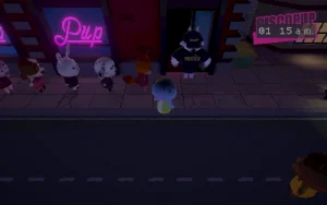 
Several animals are standing in front of a pub. A big security dog is guarding the entrance.