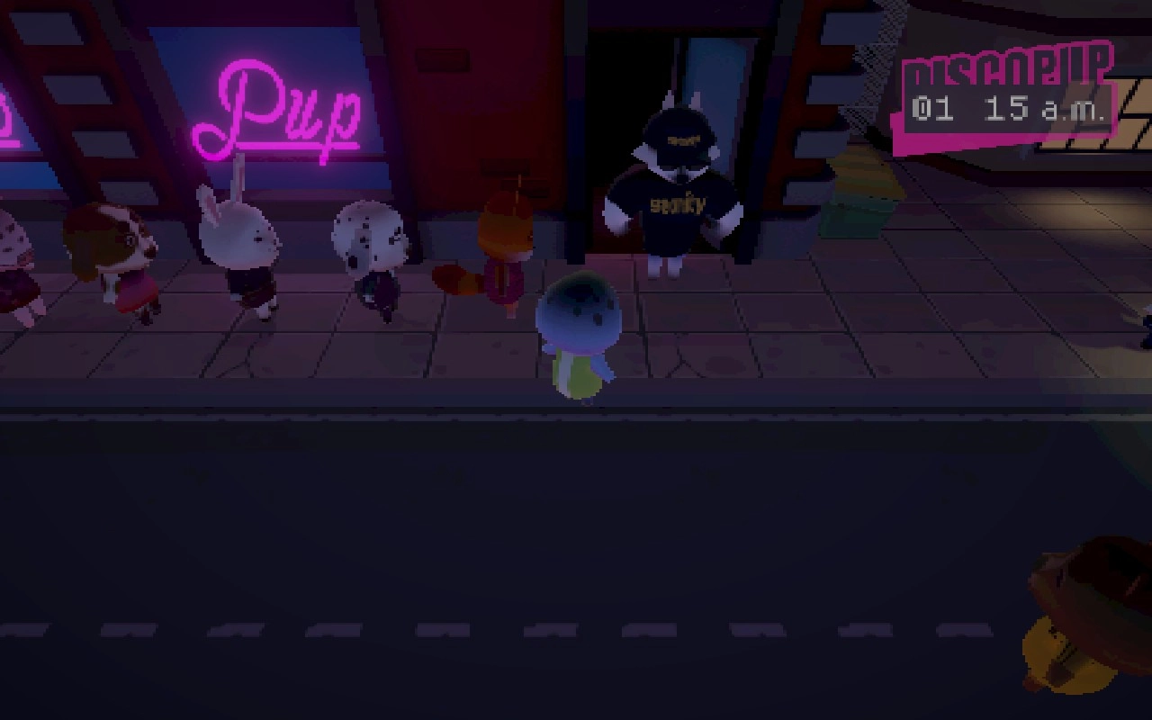 Several animals are standing in front of a pub. A big security dog is guarding the entrance.