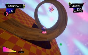 A cartoony TV with legs is walking towards a looping. "1 out of 4 collectibles" is displayed.