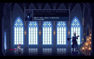 The warrior and queen are still in the palace. The dialog choices are between A: "My reign is eternal." and B: "What was that cowardly footwork?"