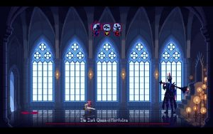 A warrior with blood behind him on the left and a black and sinister clothed queen with a huge mace on the right. In the middle of the screen is a display of three attack options. 