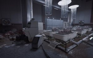A laboratory with naked people cowering in bathtub cages. On the left side is a pile of bodies.