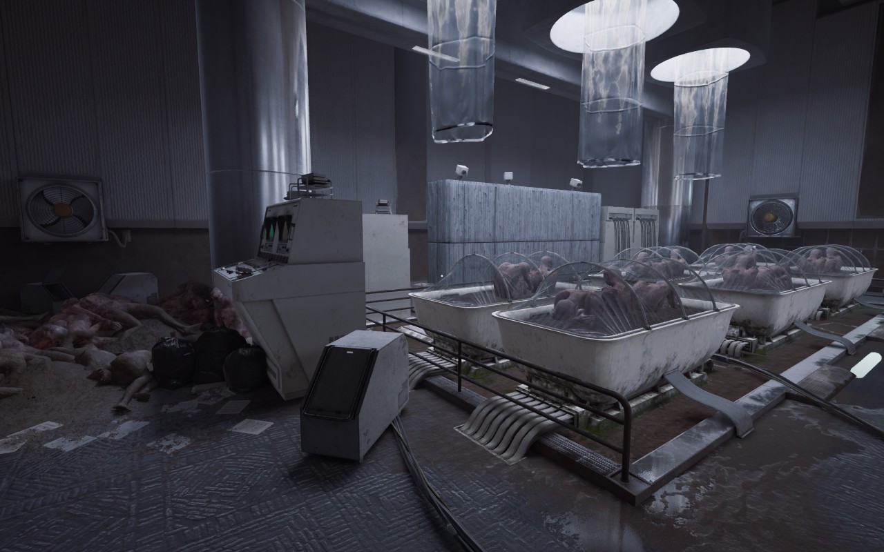A laboratory with naked people cowering in bathtub cages. On the left side is a pile of bodies.