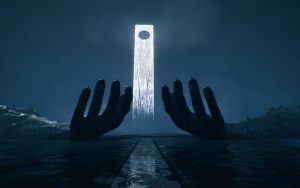 A tall, white pillar and a dark sky. A the sides of the pillar is a dark sea with huge arms on top of it. 