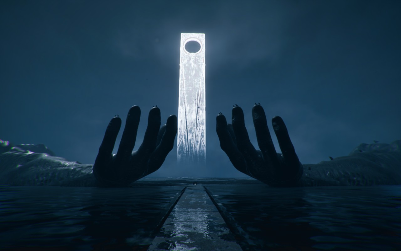 A tall, white pillar and a dark sky. A the sides of the pillar is a dark sea with huge arms on top of it.