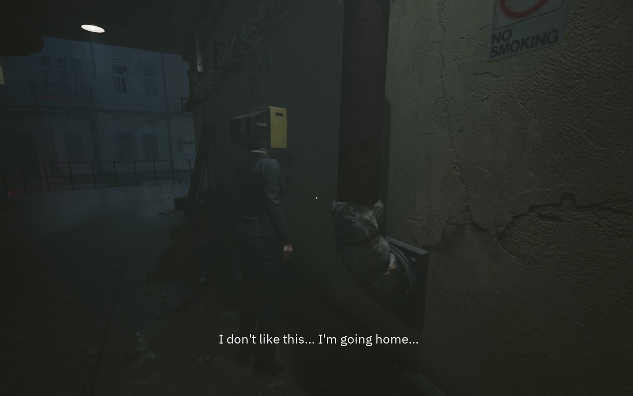 A person with a TV as it's head is muttering the words "I don't like this... I'm going home..."