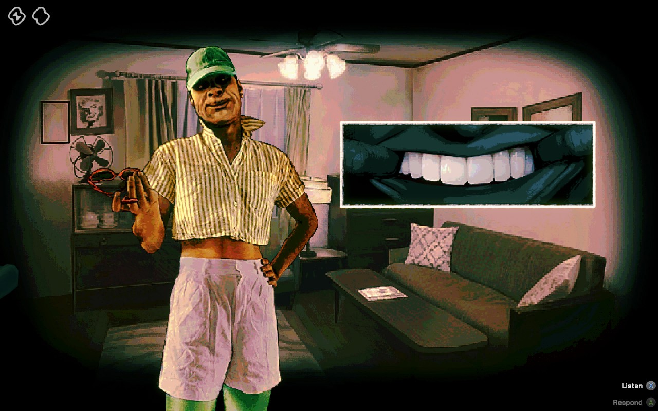 A man is showing off his white teeth.