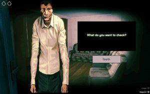 A tall man is asking "What do you want to check?". The option shows teeth.