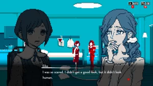 Two girls are talking in a room. Eiko says "I was so scared. I didn't get a good look, but it didn't look human."