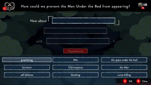 A sentence with three empty spaces that need to be filled. The question is "How could we prevent the Man Under the Bed from appearing?" Some of the options are the space under the bed, furniture and blocking.