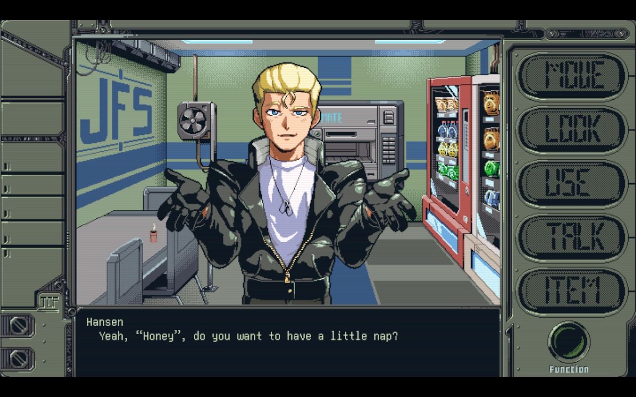 A man called Hansen is spreading his arms and saying "Yeah, "Honey", do you want to have a little nap?"