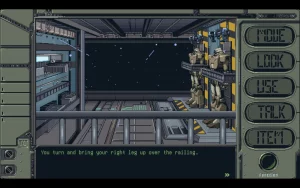 Two mechs in a hub with a look at space. The text says "You turn and bring your right leg up over the railing." On the right are functions like move, look and talk.