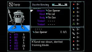 The equipment menu for a character that is a metalic trashcan. Equipment impacts the stats and damage/elemental resistance.