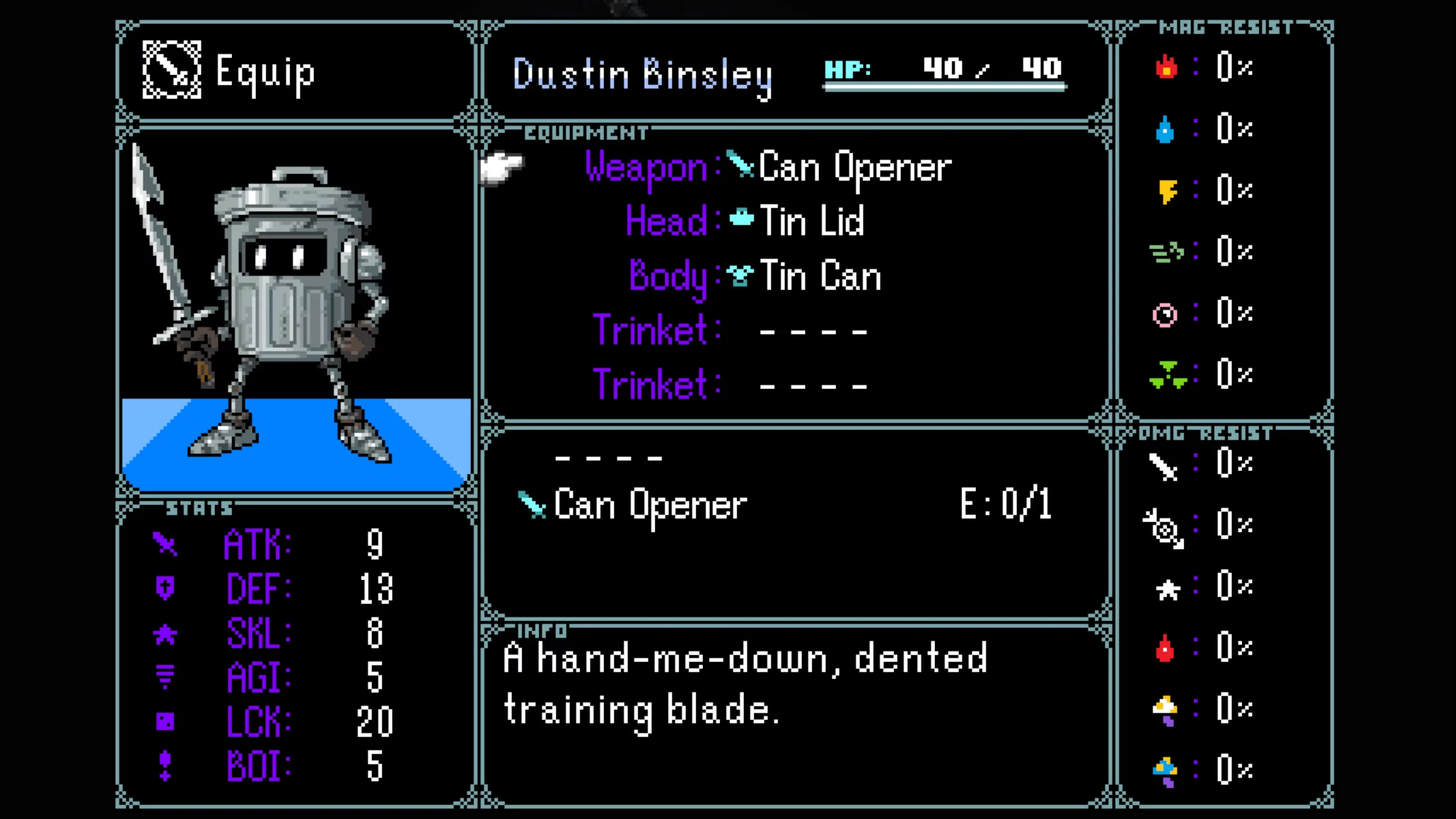 The equipment menu for a character that is a metalic trashcan. Equipment impacts the stats and damage/elemental resistance.