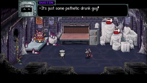 Three characters in a sewer system. The metalic trashcan Dustin is saying "It's just some pathetic drunk guy!"