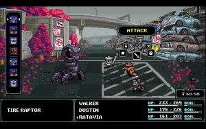 Three characters are fighting a giant Tire Raptor. Ratavia is choosing the action "Attack".