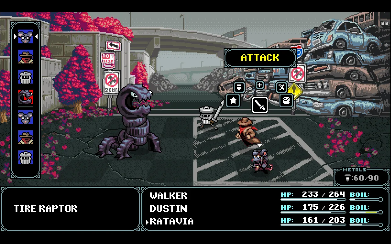 Three characters are fighting a giant Tire Raptor. Ratavia is choosing the action "Attack".