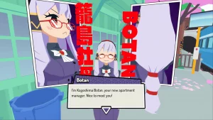 A woman in a kimono is introducing herself "I'm Kagoshima Botan, your new apartment manager. Nice to meet you!". Two additional frames are showing her back and side profile.