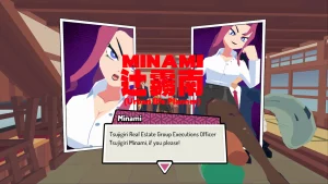 A woman in business attire is introducing herself "Tsujugiri Real Estate Group Excecutions Officer Tsujigiri Minami, if you please". Two additional frames are showing a full body shot and a closeup.