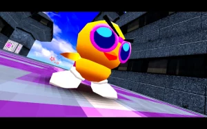 Closeup of duck mascot Toree made of rough polygons with cheeky eye brows, white shoes and pink framed sun glasses.