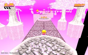 Duck mascot Toree is ready to run in a stage with pastel bright flower trees and a pink look.