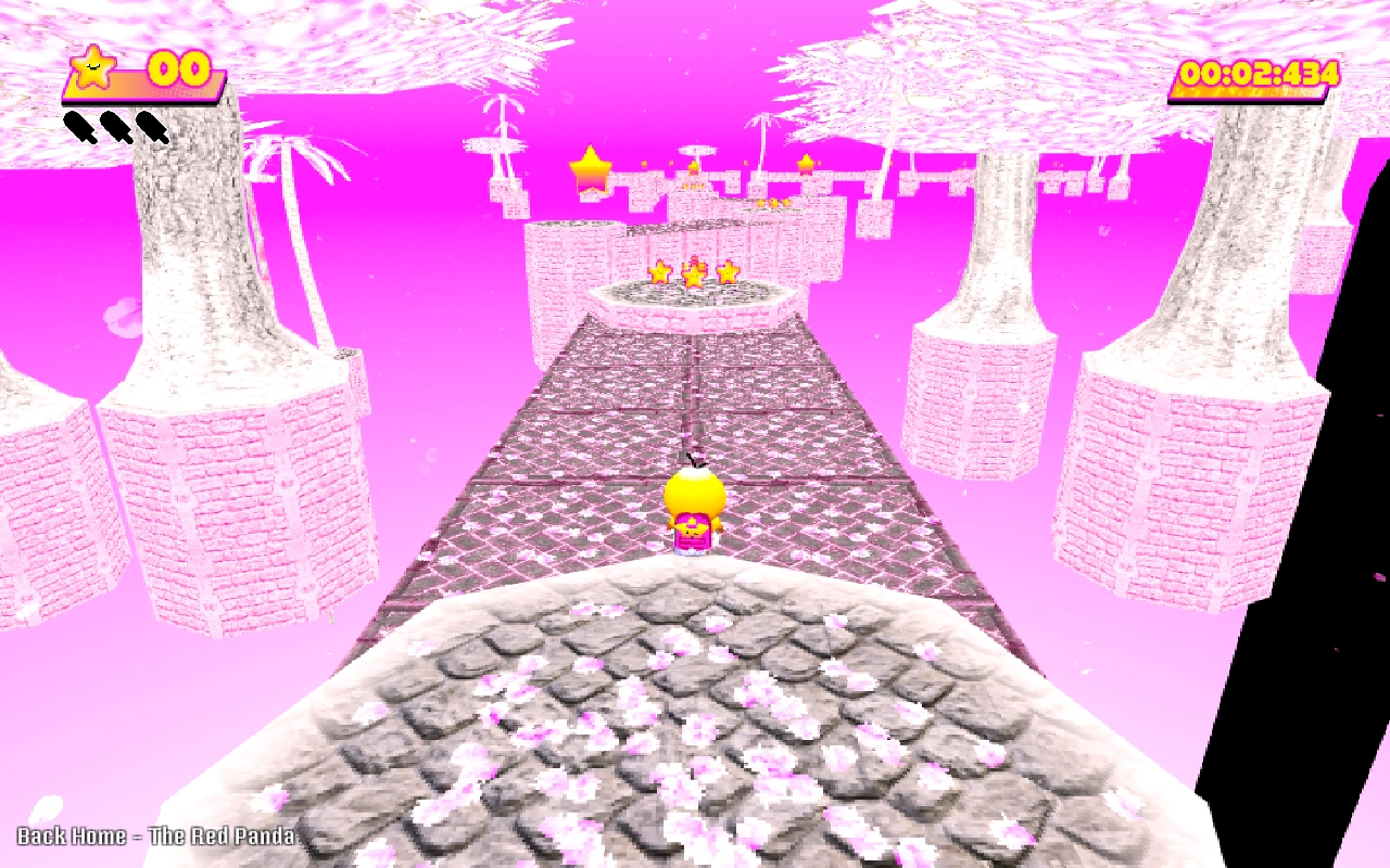 Duck mascot Toree is ready to run in a stage with pastel bright flower trees and a pink look.