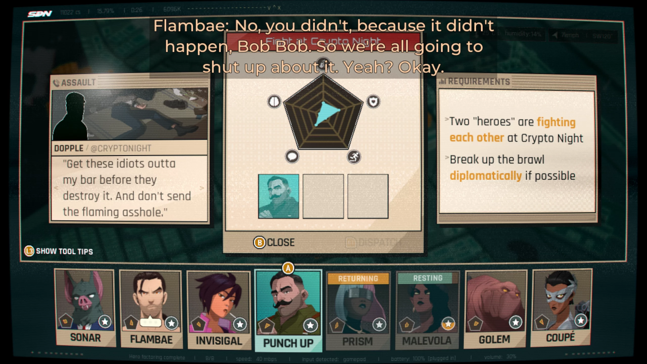 A computer Interface shows a city map with a case open to help with a fight in a bar. On the bottom are various heroes to choose like Sonar, Flambae and Invisigal.