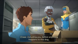 A man is standing between two people with a dog on his arm. He says "...including you, before anything happens to this dog."