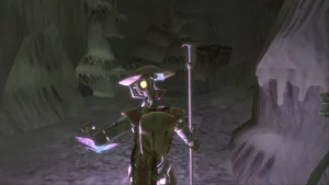 A robot is holding a staff in the right hand while a glowing butterfly is flying around it.