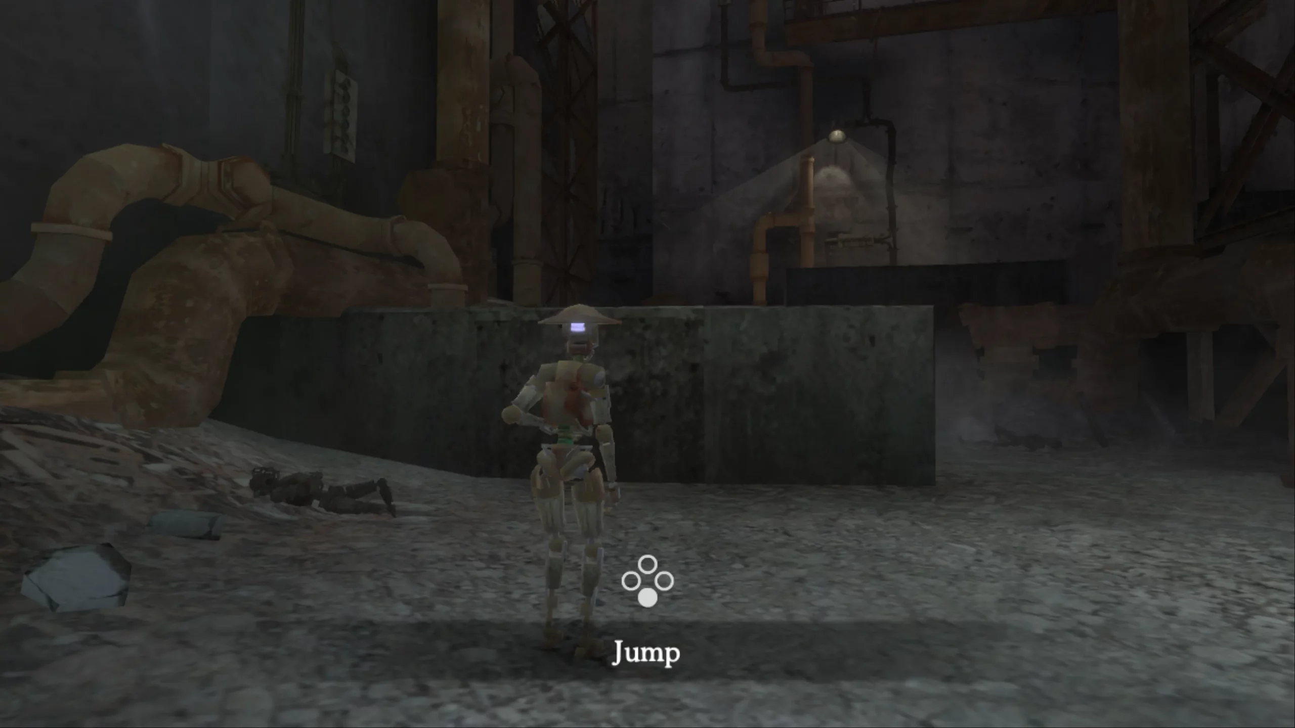 A robot is standing in a barren place with pipes and stone architecture. The command "Jump" is shown.