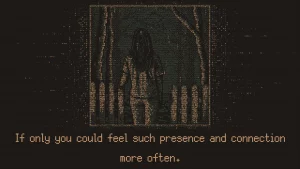A woman is standing at the entrance of a forest. Text says "If only you could feel such presence and connection more often."