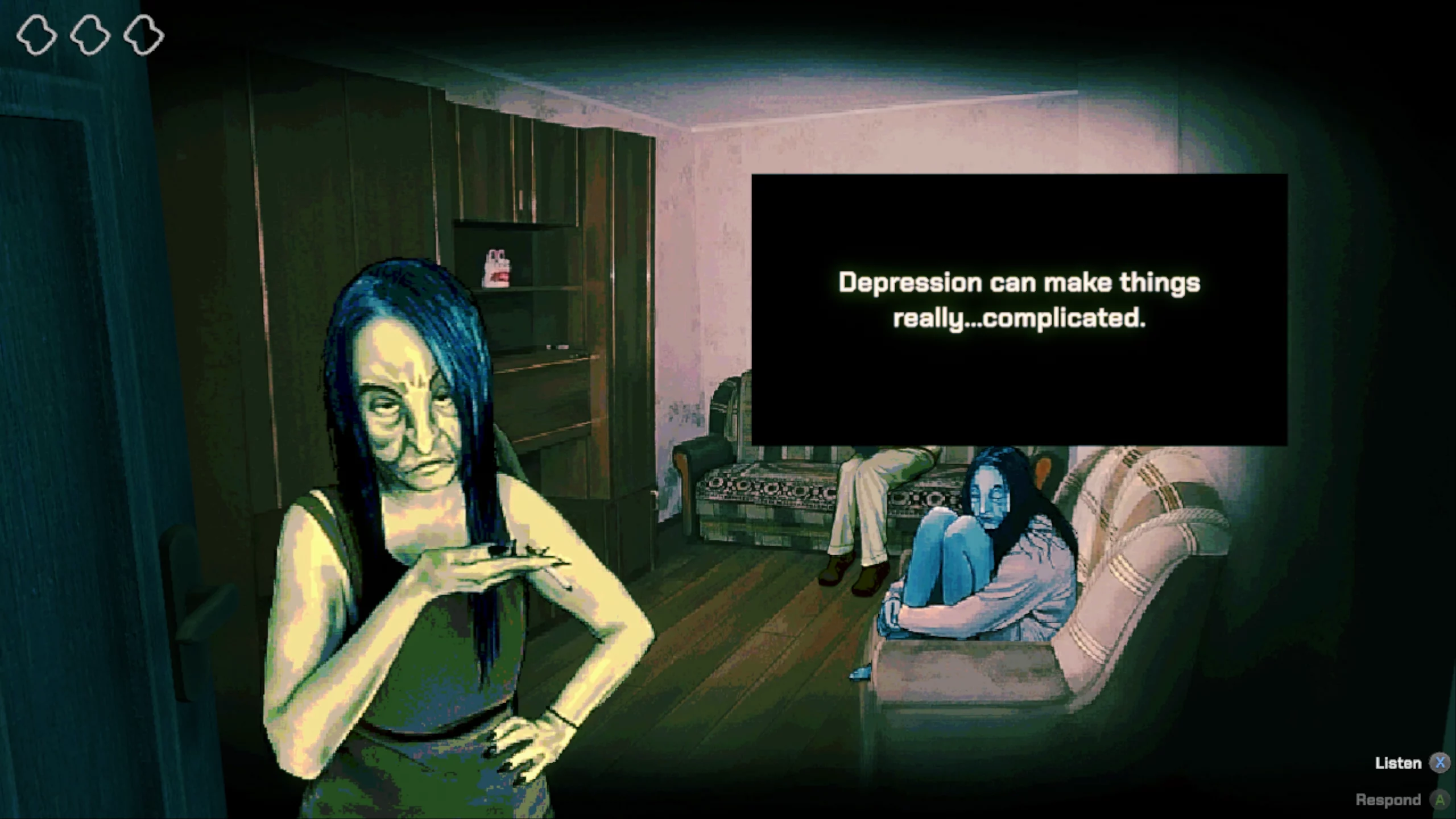 Multiple people are in a room. A woman is standing by the door saying "Depression can make things really complicated."