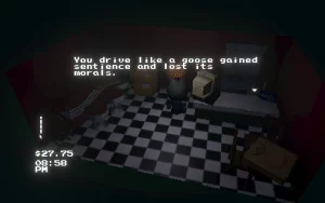 Two cats are standing in a store. One of them is saying "You drive like a goose gained sentiece and lost its morals."