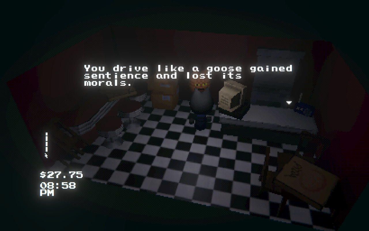 Two cats are standing in a store. One of them is saying "You drive like a goose gained sentiece and lost its morals."