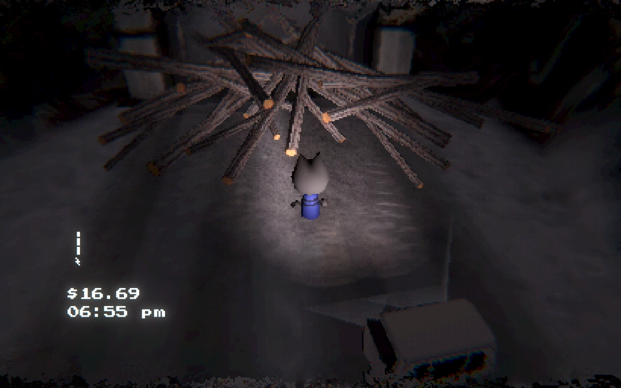 A cat got out if their car to look at a pile of wood blocking the path.