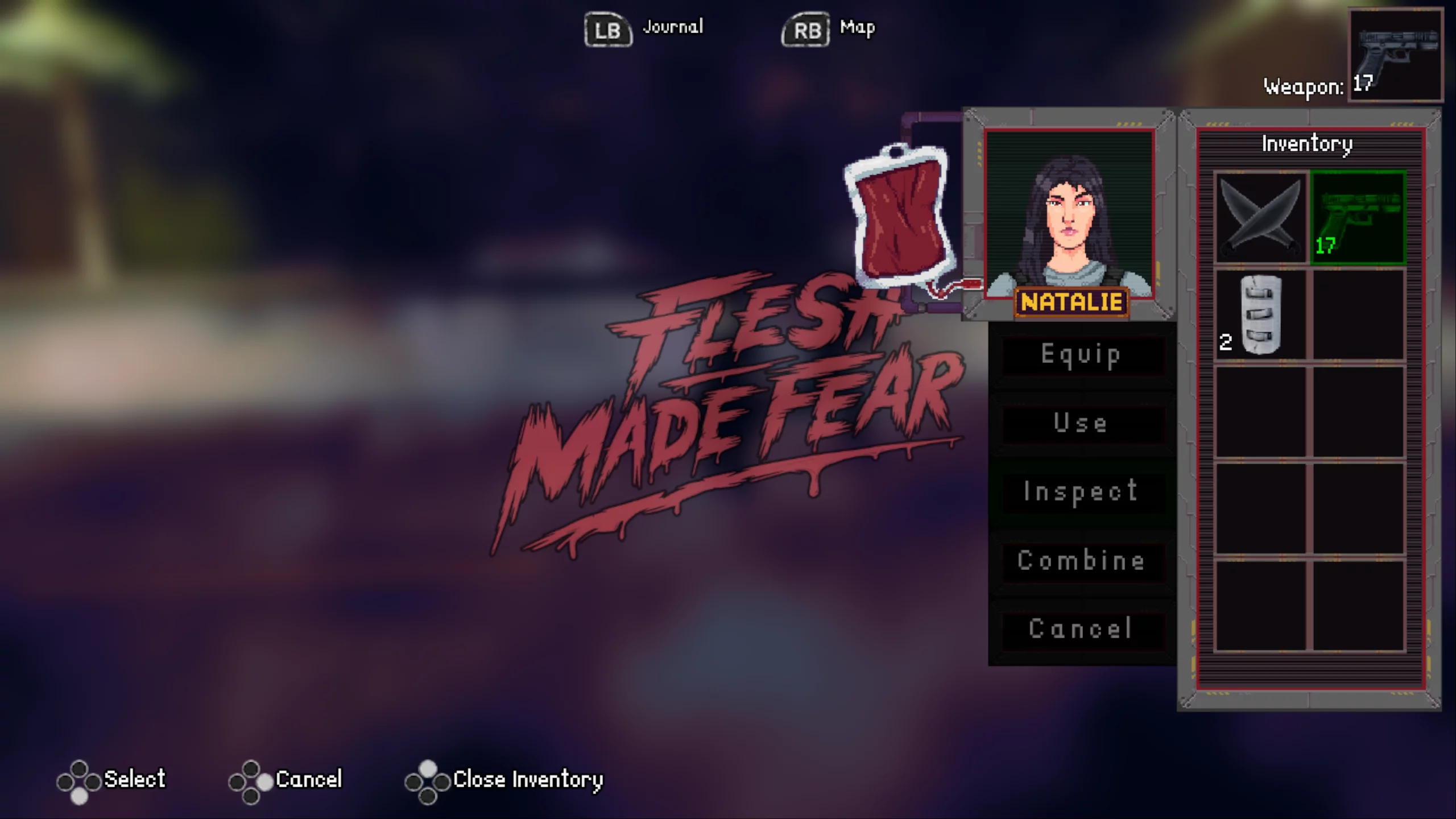 A menu showing Natalies health and inventory as well as actions like equip, use or combine. A gun with 17 bullets is equiped.