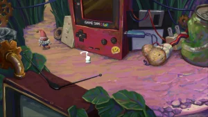 A natural place with giant electronic gadgets like a Game Boy. A hand symbol is directing the movement of a tiny clown character.