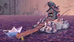 A small hut with the name "FISCH" in the middle of a sea. A papership is stationed by the side.