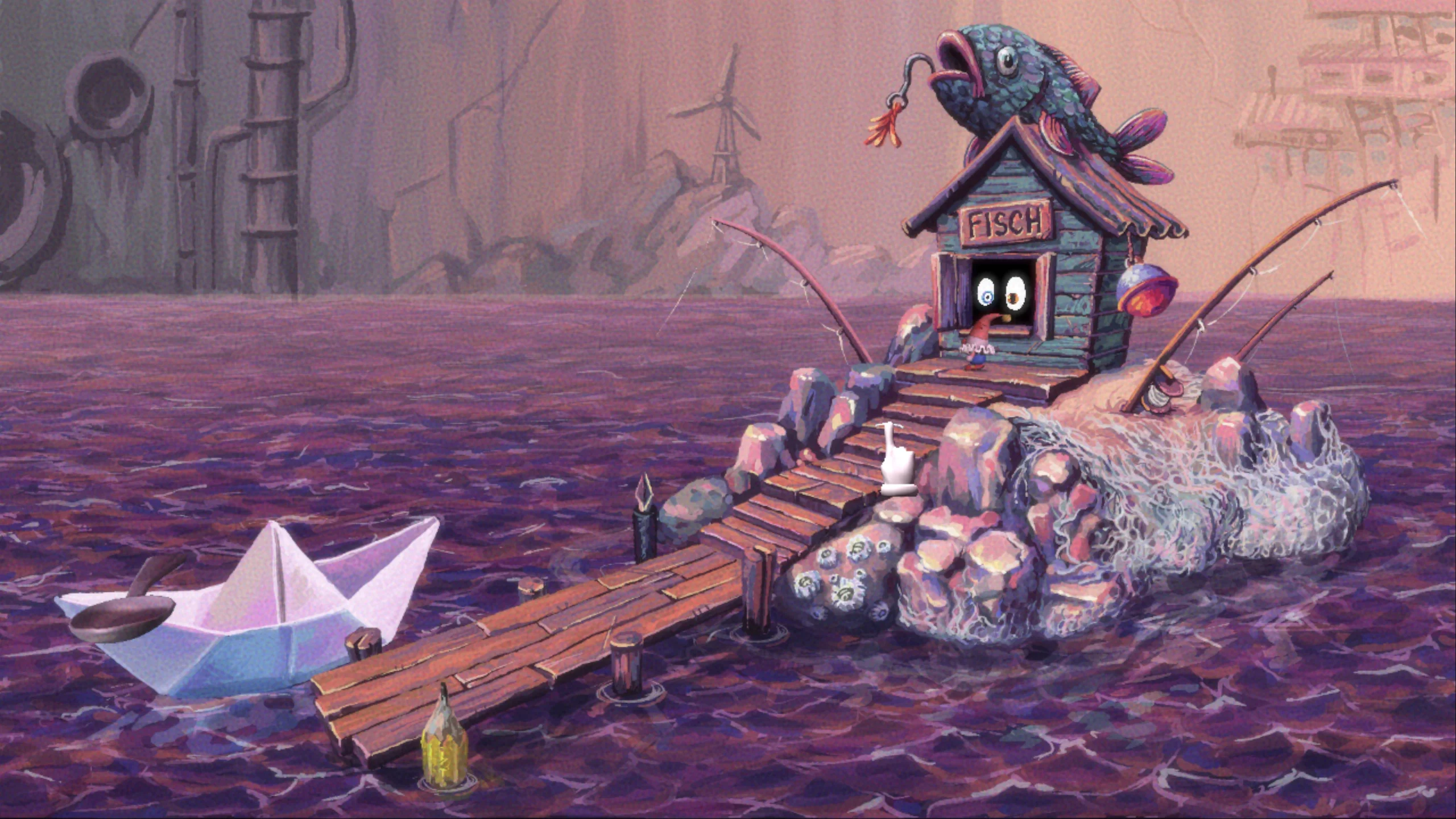 A small hut with the name "FISCH" in the middle of a sea. A papership is stationed by the side.