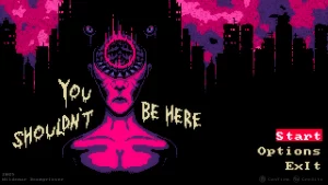 Titlescreen with a person in pink skin; his head split at the top and a pink ring inside. The background shows a city skyline colored in black with pink-red sky.
