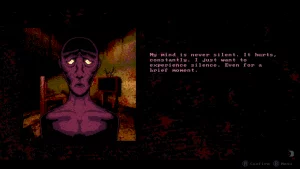 A person wit barely any special features aside for pink-purple skin, a pained look and yellow glowing eyes. The dialog says "My mind is never silent. It hurts, constantly. I just want to experience silence. Even for a brief moment."