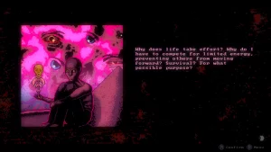 A person is sitting in the floor with a plant in the right hand; a pink background with eyeballs. The dialog says "Why does life take effort? Why do I have to compete for limited energy, preventing others from moving forward? Survival? For what possible purpose?"