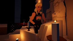 A person kneeling next to an altar for a ritual. 