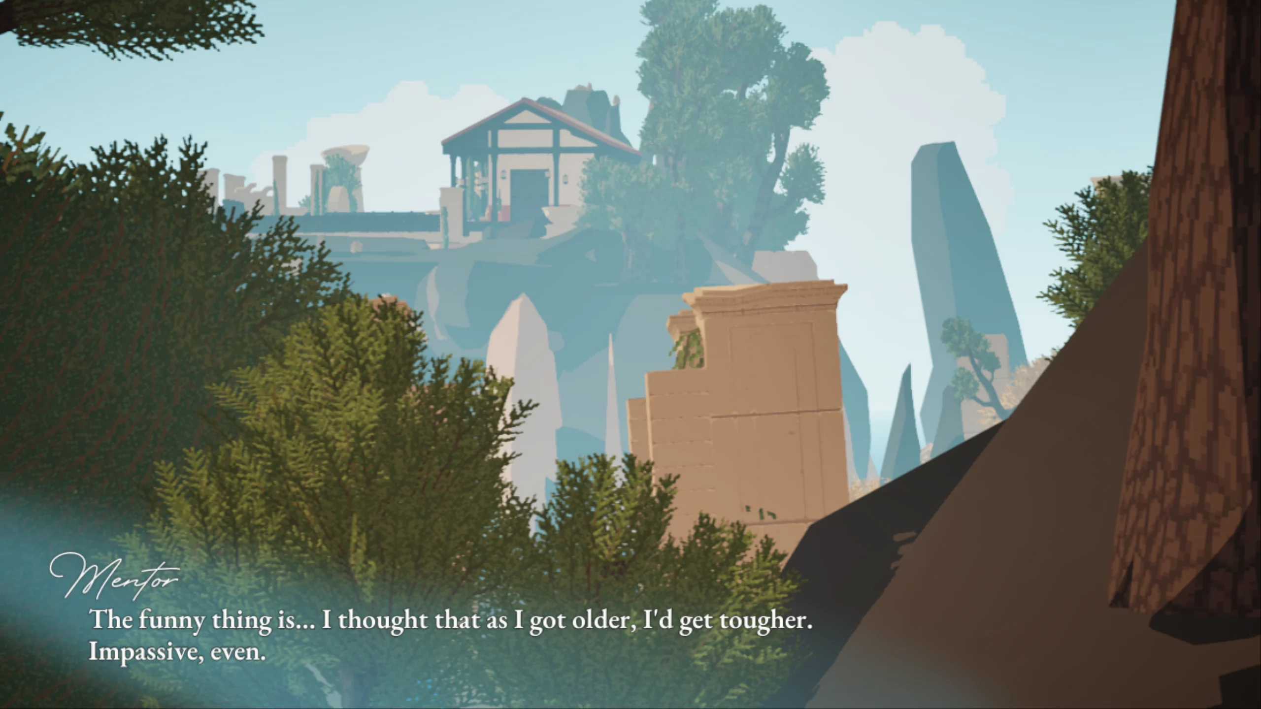 A peaceful scenery with a holy building and trees. The mentor says "The funny thing is... I thought that as I got older, I'd get tougher. Impassive, even."