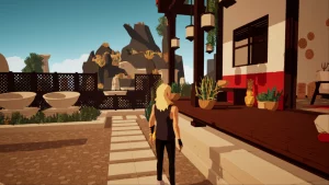 A person standing in a serene garden. On the left hand is a device for shooting arrows.