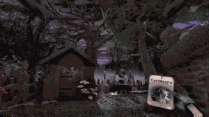 A shed and a woman with an axe in a garden. The sky is dark and forboding.